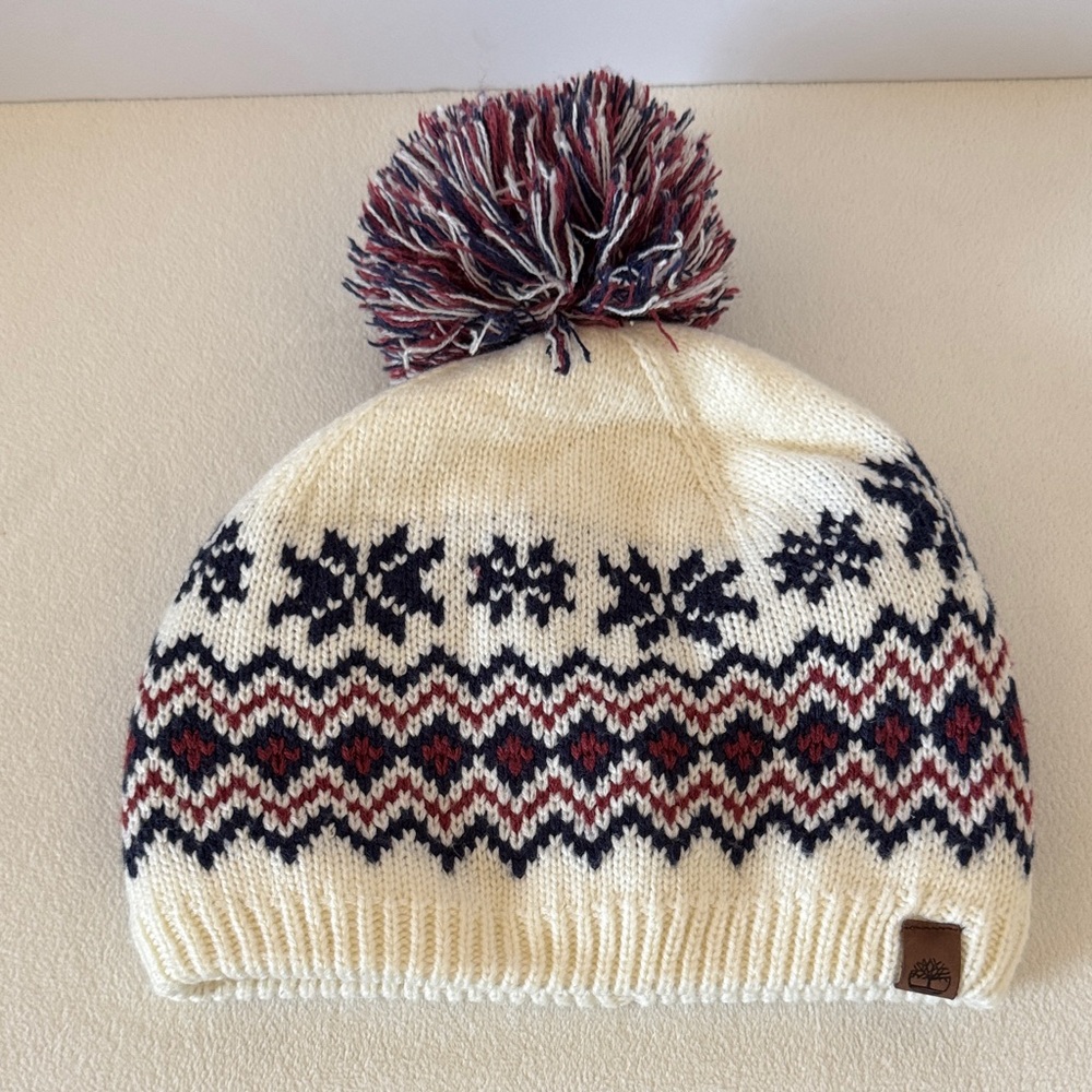Timberland Fleece Lined Beanie Hat Fair Isle Pom Pom Cap